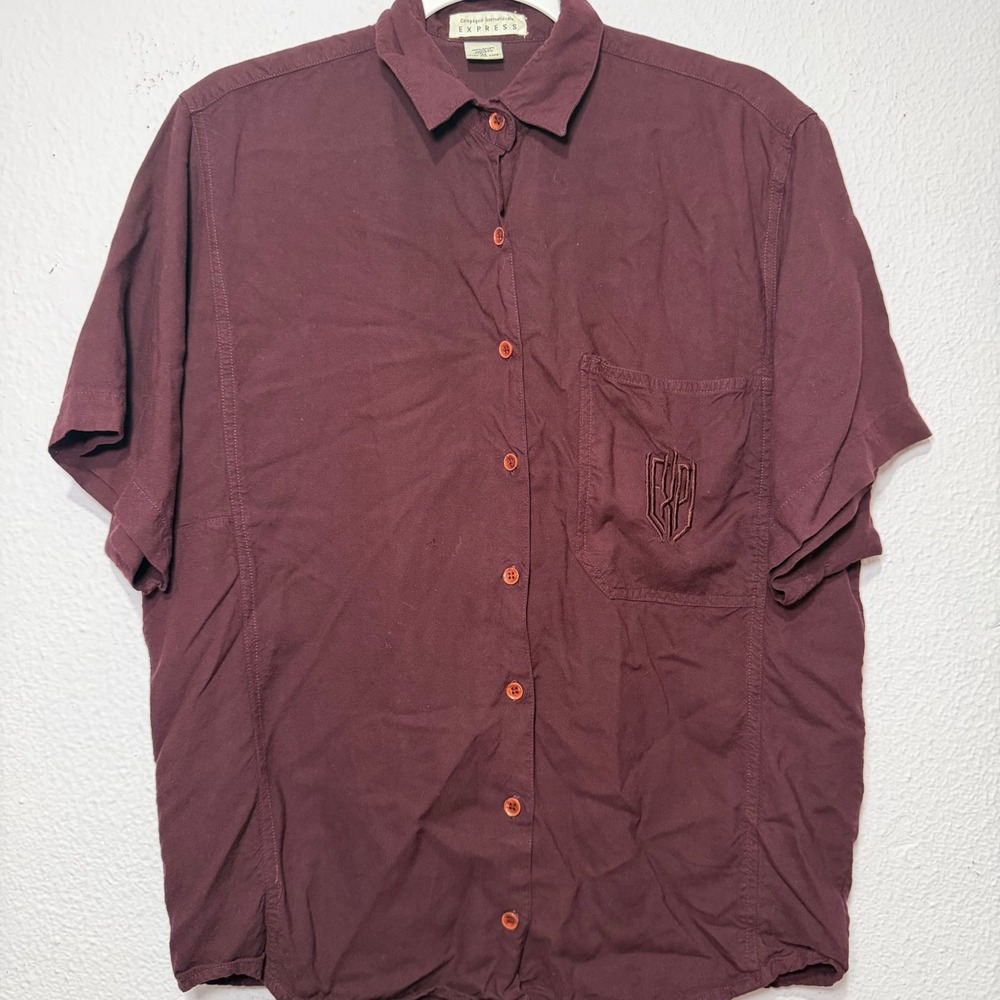 Vintage Express Mens Rayon Button Down Shirt Burgundy Grunge Minimalist Size M